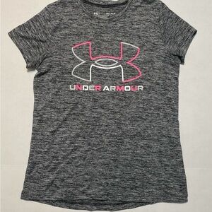 Under Armour Charcoal Gray w/Pink Girls Short Sleeve Loose Tee Size M